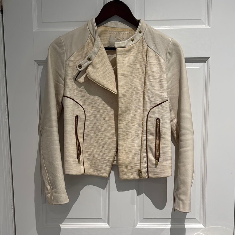 Maje Cream Leather Jacket Asymmetrical Zipper Stand-up Collar
